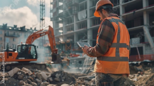 Wallpaper Mural Man looking at tablet at construction site with excavator  Torontodigital.ca