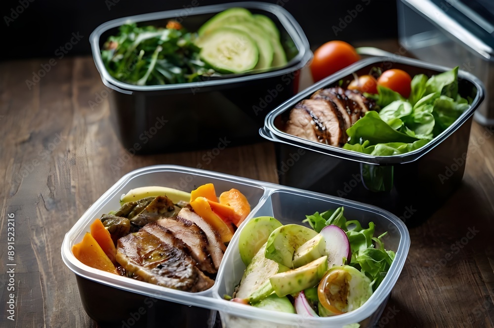 a plastic black container box with healthy fitness meal including white meat, fresh green salad and vegetables. Tasty lunch with high protein foods, for muscle building, gym interior a plastic black container box with healthy fitness meal including white meat, fresh green salad and vegetables. Tasty lunch with high protein foods, for muscle building, gym interior