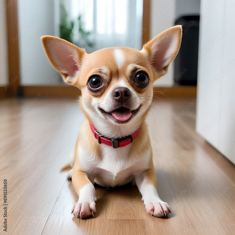 Smiling Chihuahua Puppy with Red Collar on Wooden Floor in Bright Room Generative AI Smiling Chihuahua Puppy with Red Collar on Wooden Floor in Bright Room Generative AI