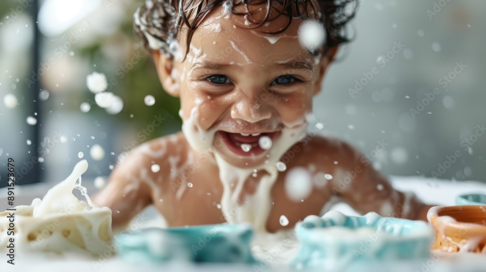A curly-haired toddler smiles as water splashes around in the bath, capturing a moment of playful joy and delight. The cheerful expression and fun environment are captivating. A curly-haired toddler smiles as water splashes around in the bath, capturing a moment of playful joy and delight. The cheerful expression and fun environment are captivating.