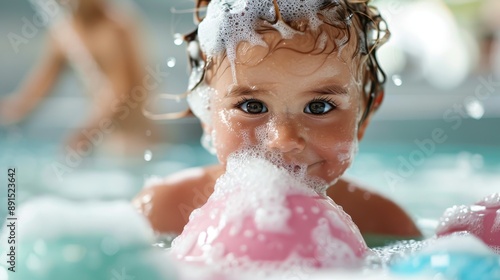 A child enjoying a bubbly bath with foam on their head, representing joy, innocence, and the playful nature of childhood in a clean, safe environment. photo