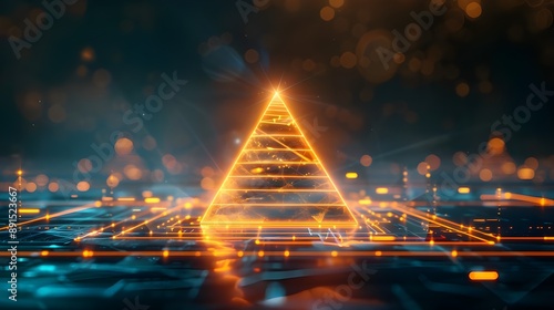 Glowing Pyramid on Futuristic Circuit Board.