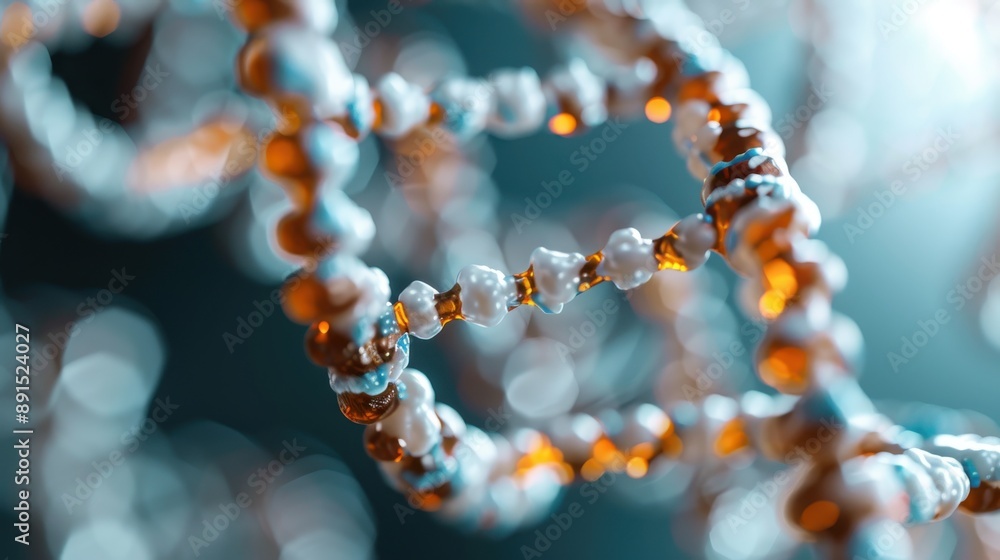 A close-up of magnified DNA strands showcases their intricate structure, glowing in vibrant colors, representing the fundamental building blocks of life and genetic science.