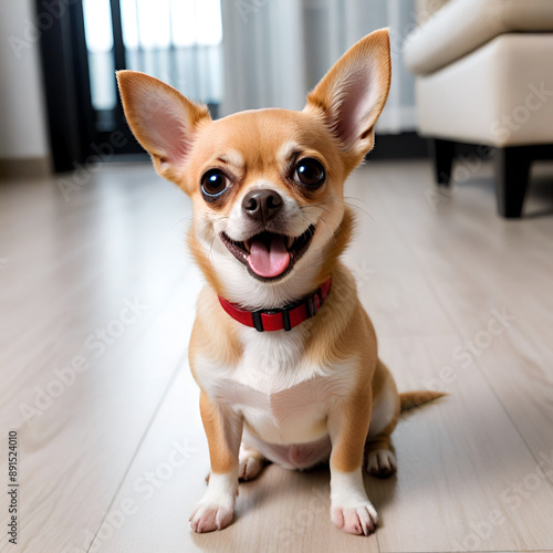 Happy Chihuahua Puppy with Red Collar, Sitting on Light Wooden Floor, Indoor Natural Lighting Generative AI
