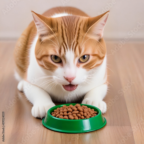 Ginger Cat Eating Dry Food from Green Bowl, Close-Up on Wooden Floor Generative AI photo