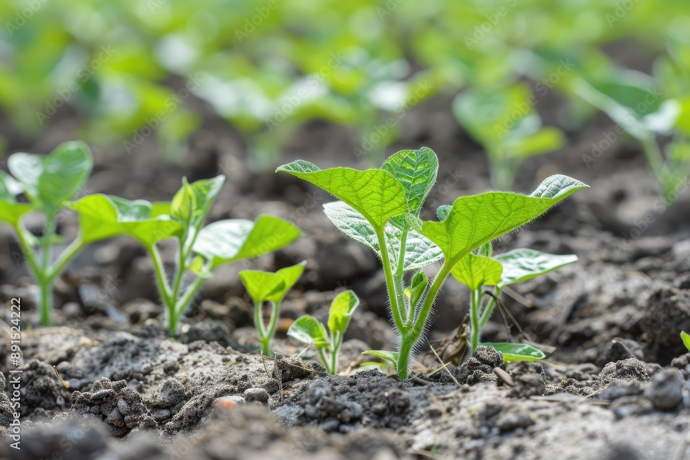 A field of green plants with a few small plants in the foreground. The plants are growing in the dirt and the field is full of them A field of green plants with a few small plants in the foreground. The plants are growing in the dirt and the field is full of them