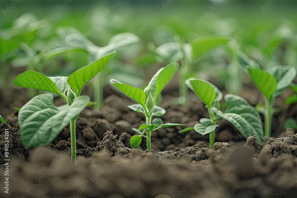 A close up of a field of green plants. The plants are small and are growing in the dirt A close up of a field of green plants. The plants are small and are growing in the dirt