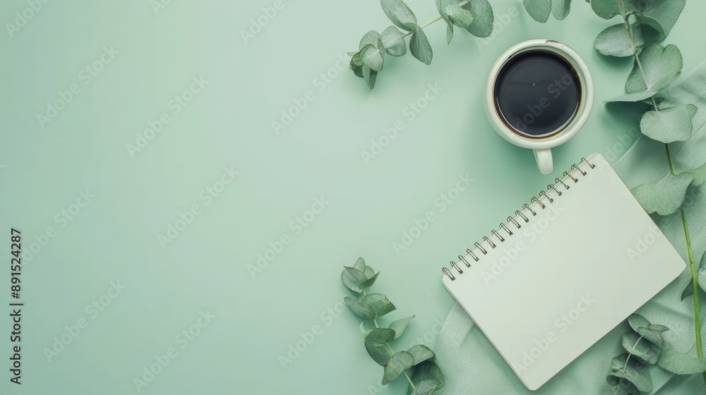 Minimalistic background with a cup of coffee, plants and notepads in pastel colors Minimalistic background with a cup of coffee, plants and notepads in pastel colors