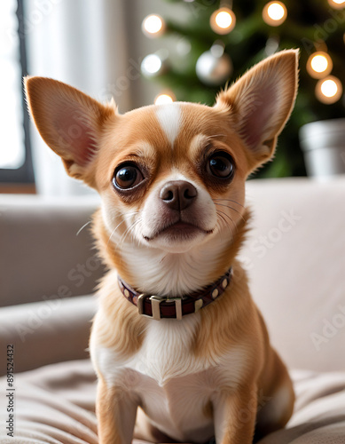 Adorable tiny Chihuahua puppy sits on white background, perfect for festive pet portrait Generative Ai