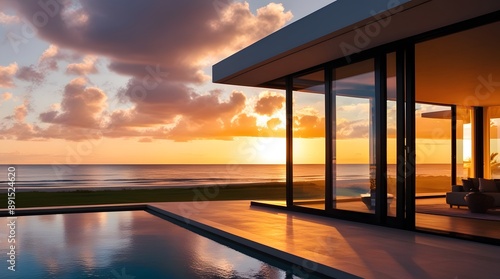 a stunning visual of a modern beachfront villa at sunset, with warm golden light cascading through floor-to-ceiling windows. 