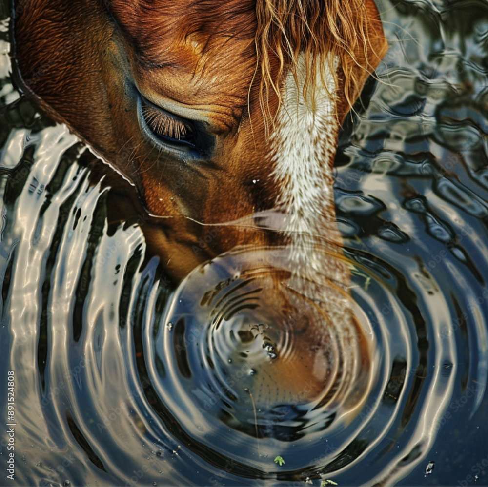 Obraz premium a reflection from water, reflection. a horse lookin into the water, and the water makes circle patterns