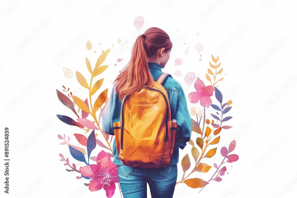 A girl wearing a yellow backpack is walking through a field of flowers. Concept of freedom and adventure, as the girl is exploring the outdoors with her backpack on. The bright colors of the flowers A girl wearing a yellow backpack is walking through a field of flowers. Concept of freedom and adventure, as the girl is exploring the outdoors with her backpack on. The bright colors of the flowers
