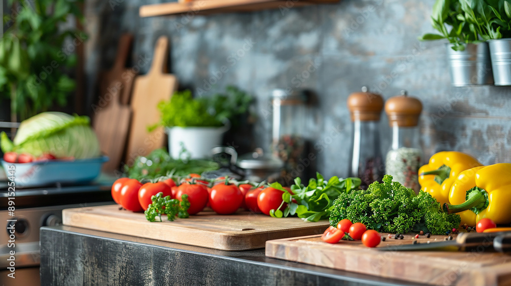 A kitchen counter filled with fresh vegetables like tomatoes, bell peppers, and greens, highlighting healthy eating and cooking. A kitchen counter filled with fresh vegetables like tomatoes, bell peppers, and greens, highlighting healthy eating and cooking.