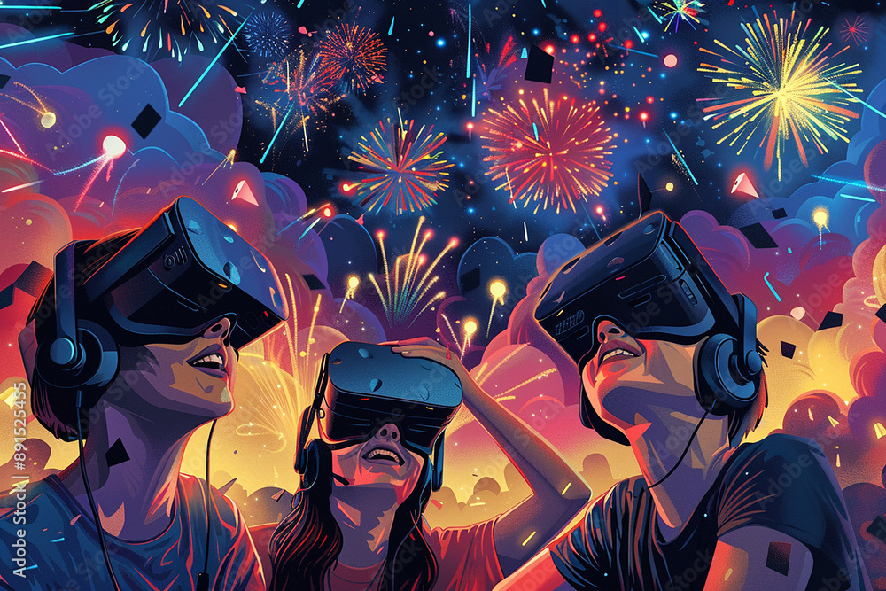 Fototapeta premium Three people wearing VR headsets, watching a fireworks display, highlighting technology and virtual reality experiences.