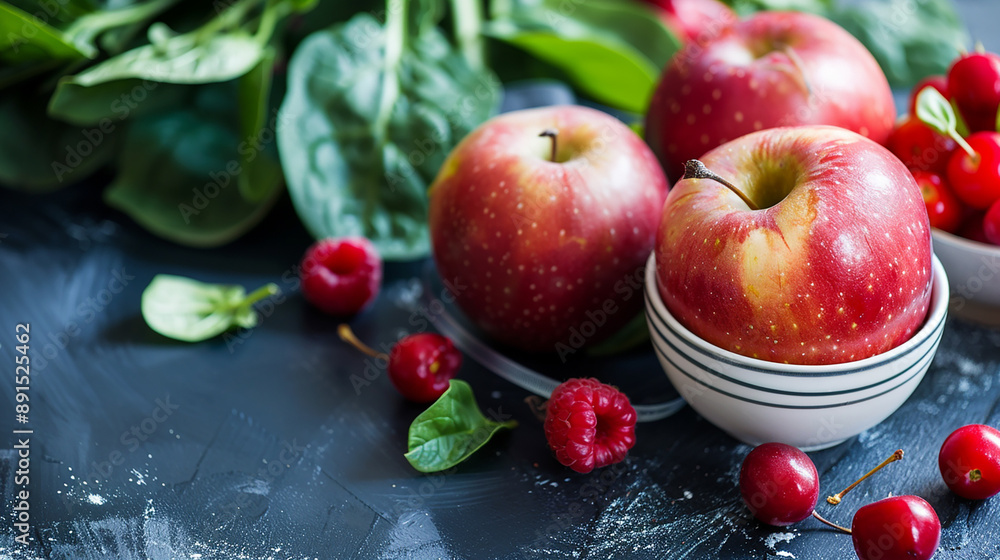 A bowl of fresh apples, cherries, and spinach leaves, showcasing a healthy and vibrant selection of fruits and greens. A bowl of fresh apples, cherries, and spinach leaves, showcasing a healthy and vibrant selection of fruits and greens.