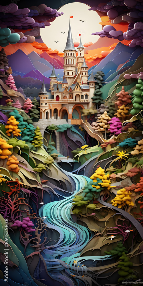 Obraz premium Quilled Castle River Scene