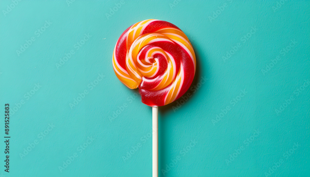 Tasty lollipop on turquoise background, top view Tasty lollipop on turquoise background, top view