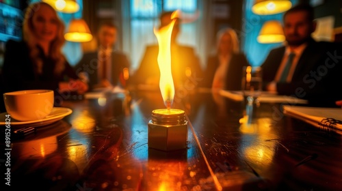 Business Risk, Business meeting with focus on candle flame on table, professionals discuss ideas in warm and intimate lighting setting.