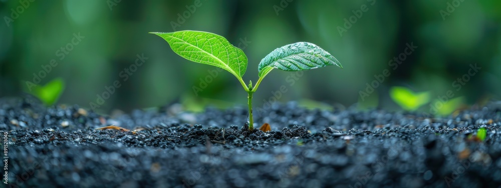 A small green plant is growing in the dirt. The plant is small and has a few leaves A small green plant is growing in the dirt. The plant is small and has a few leaves