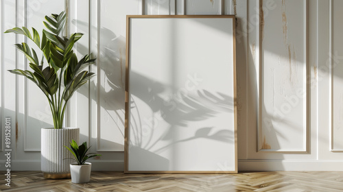 Minimalist still life with a blank photo frame potted plant and photo