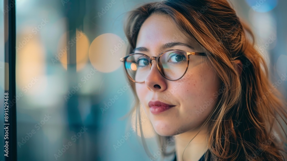 Close-Up Portrait of a Young Woman with Glasses Looking Through a Window Close-Up Portrait of a Young Woman with Glasses Looking Through a Window
