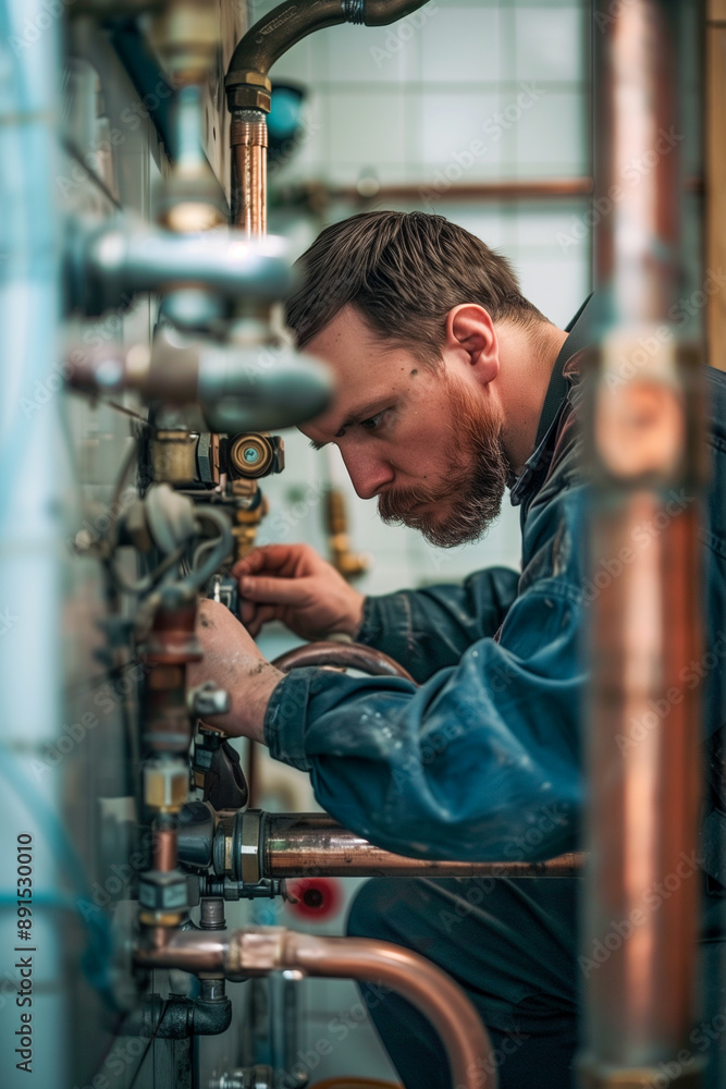 A man is working on a pipe in a bathroom A man is working on a pipe in a bathroom