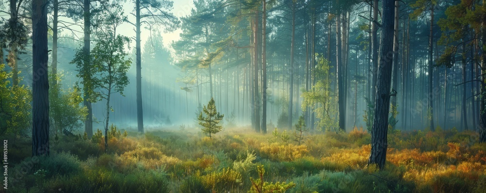 Fototapeta premium A misty morning in a tranquil pine forest.