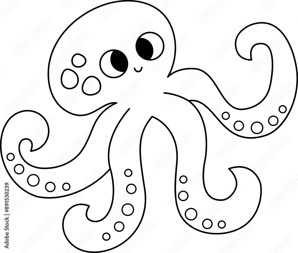 Vector black and white octopus icon. Under the sea line illustration with cute funny ocean animal. Cartoon underwater or marine clipart, coloring page for children Vector black and white octopus icon. Under the sea line illustration with cute funny ocean animal. Cartoon underwater or marine clipart, coloring page for children