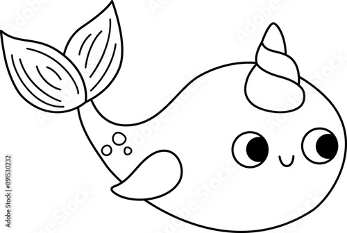 Vector black and white happy narval unicorn. Fantasy water animal with rainbow horn. Fairytale or mermaid character for kids. Cartoon magic creature line icon or coloring page