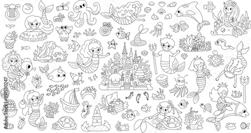 Vector black and white mermaids set. Underwater kingdom collection with princess, fish, castle, seaweeds, animals treasure. Fairytale line characters for kids. Water adventure clipart
