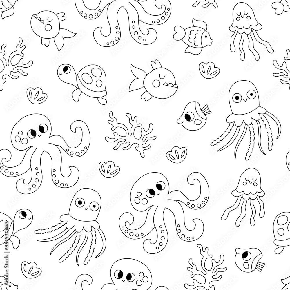 Fototapeta premium Vector black and white under the sea seamless pattern. Repeat line background with jellyfish, octopus, shells, tortoise, fish. Ocean life coloring page. Water animals and seaweeds line illustration