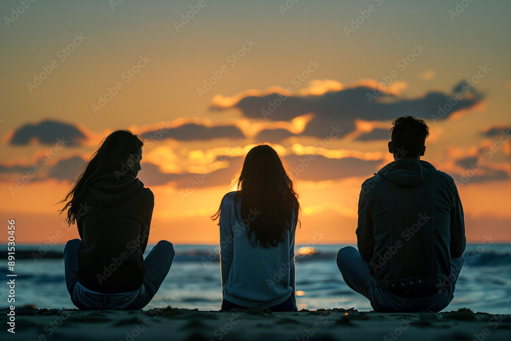 Three people are sitting on the beach, watching the sunset Three people are sitting on the beach, watching the sunset