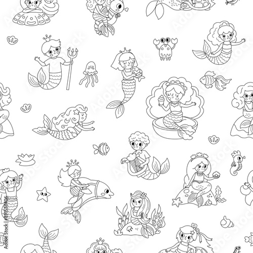 Vector black and white mermaids seamless pattern. Underwater kingdom line repeat background with ocean princess, prince. Cartoon marine fairytale texture for kids. Water adventure coloring page