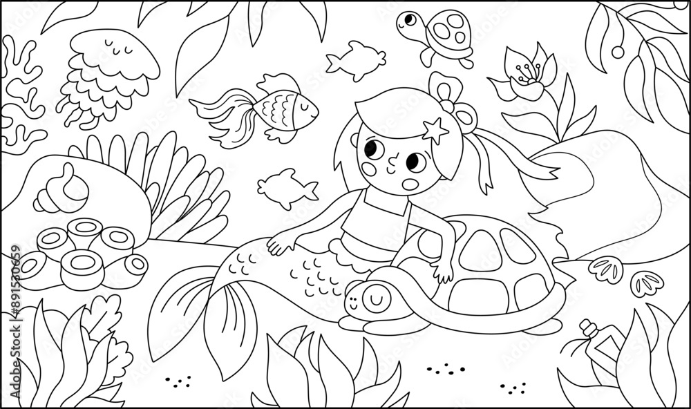 Fototapeta premium Vector black and white landscape illustration with mermaid sitting on sand, hugging tortoise. Ocean, sea kingdom line scene with fish, marine princess. Horizontal fairytale coloring page for kids