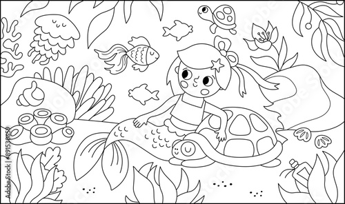 Vector black and white landscape illustration with mermaid sitting on sand, hugging tortoise. Ocean, sea kingdom line scene with fish, marine princess. Horizontal fairytale coloring page for kids