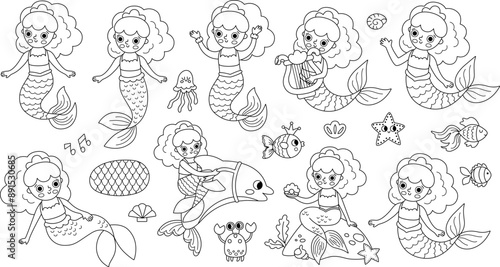 Vector black and white mermaids set. Underwater kingdom collection with ocean princess. Cartoon marine fairytale character for kids. Water adventures line clipart or coloring page with siren