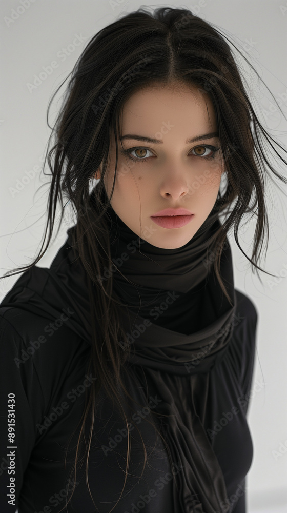Close-up of a young woman with dark hair and expressive eyes, wearing a black scarf and top, looking intently at the camera Close-up of a young woman with dark hair and expressive eyes, wearing a black scarf and top, looking intently at the camera