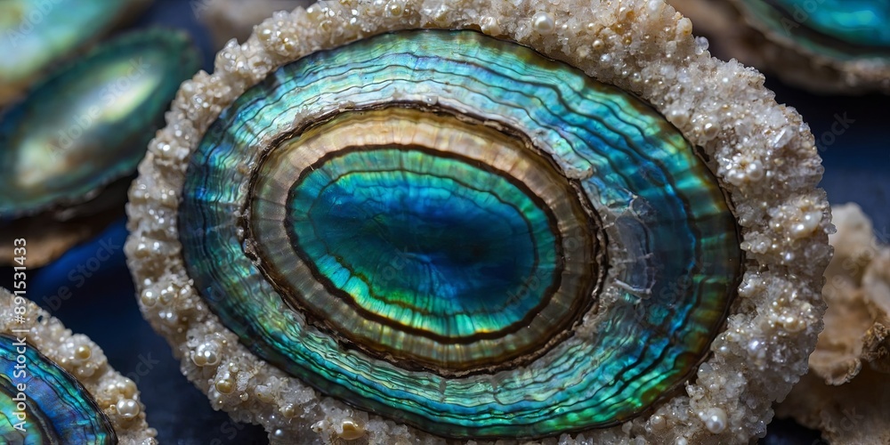 Obraz premium Close up of blue abalone pearl shell with shiny layers.