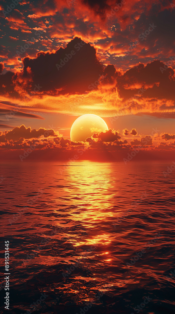 A breathtaking sunset with a fiery red sky and dramatic clouds reflecting on the calm ocean water A breathtaking sunset with a fiery red sky and dramatic clouds reflecting on the calm ocean water