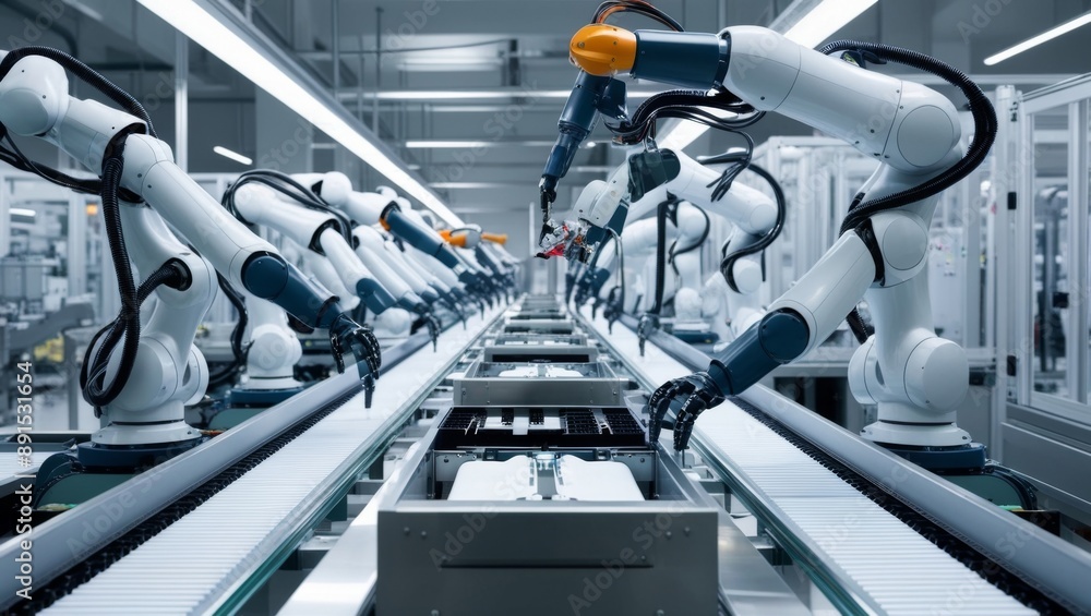 Capture the sleek efficiency of a modern automated production assembly line, where robots and machinery seamlessly coordinate to manufacture products with precision Capture the sleek efficiency of a modern automated production assembly line, where robots and machinery seamlessly coordinate to manufacture products with precision