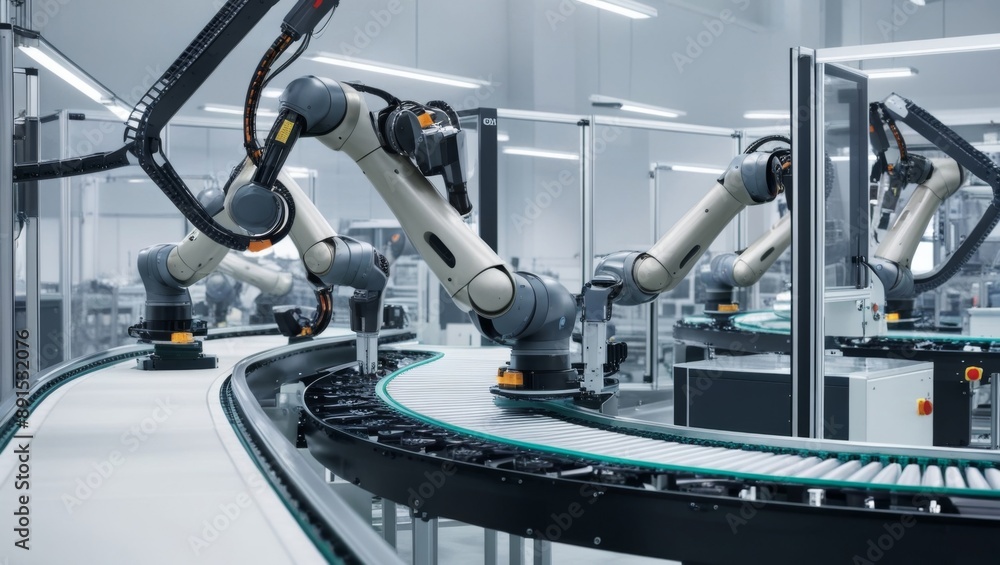 Capture the sleek efficiency of a modern automated production assembly line, where robots and machinery seamlessly coordinate to manufacture products with precision Capture the sleek efficiency of a modern automated production assembly line, where robots and machinery seamlessly coordinate to manufacture products with precision