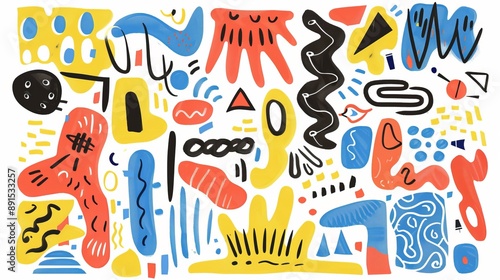 A doodle sketch featuring vibrant shapes and lines on a white background, perfect for conceptual designs.