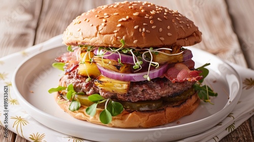 Fototapeta Naklejka Na Ścianę i Meble -  Delicious Sesame Bun Burger with Pineapple, Bacon and Red Onion