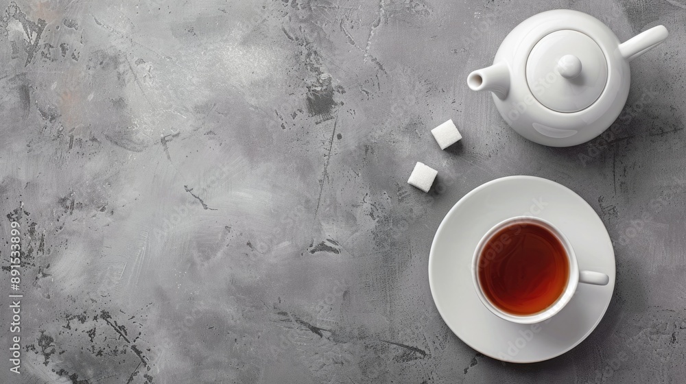 cup and saucer with tea on a gray background, top view cup and saucer with tea on a gray background, top view