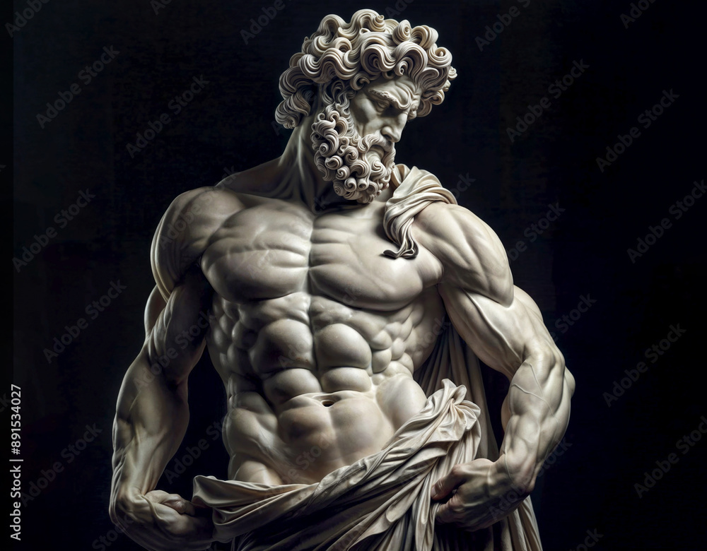Majestic sculpture of greek hero Hercules showing off his muscles in the darkness. Majestic sculpture of greek hero Hercules showing off his muscles in the darkness.