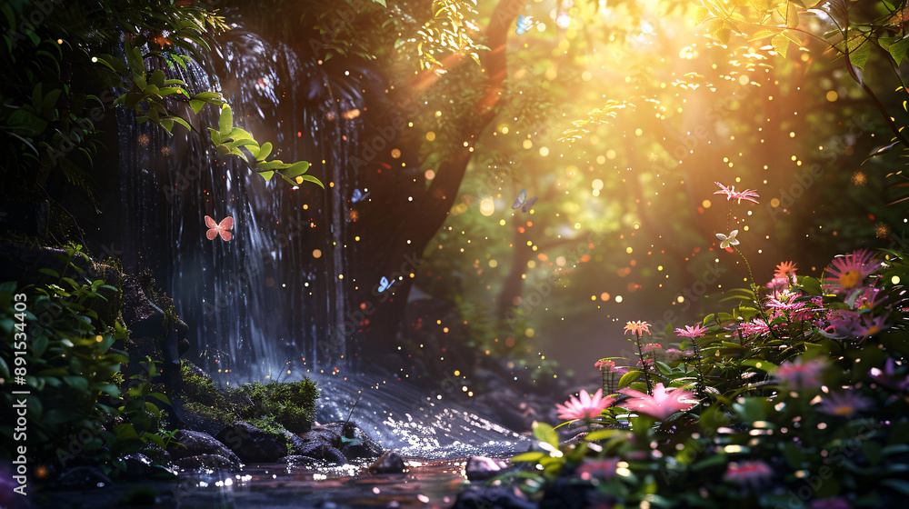 Fototapeta premium Bright Waterfall and tree with natural light surrounded by butterfly.