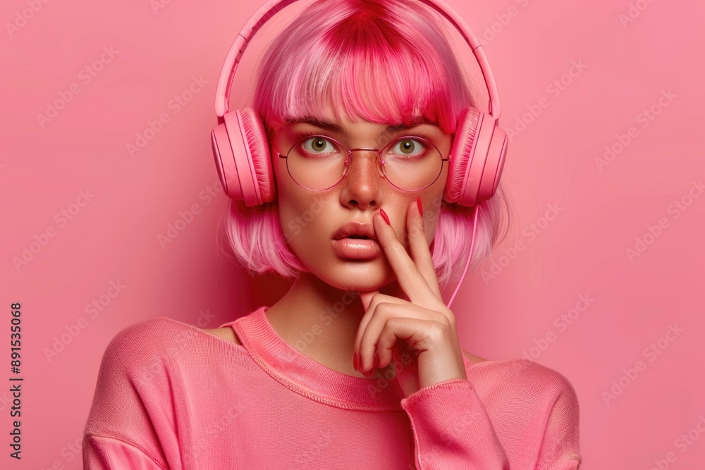 Photo of a woman with pink hair and sunglasses wearing headphones Photo of a woman with pink hair and sunglasses wearing headphones