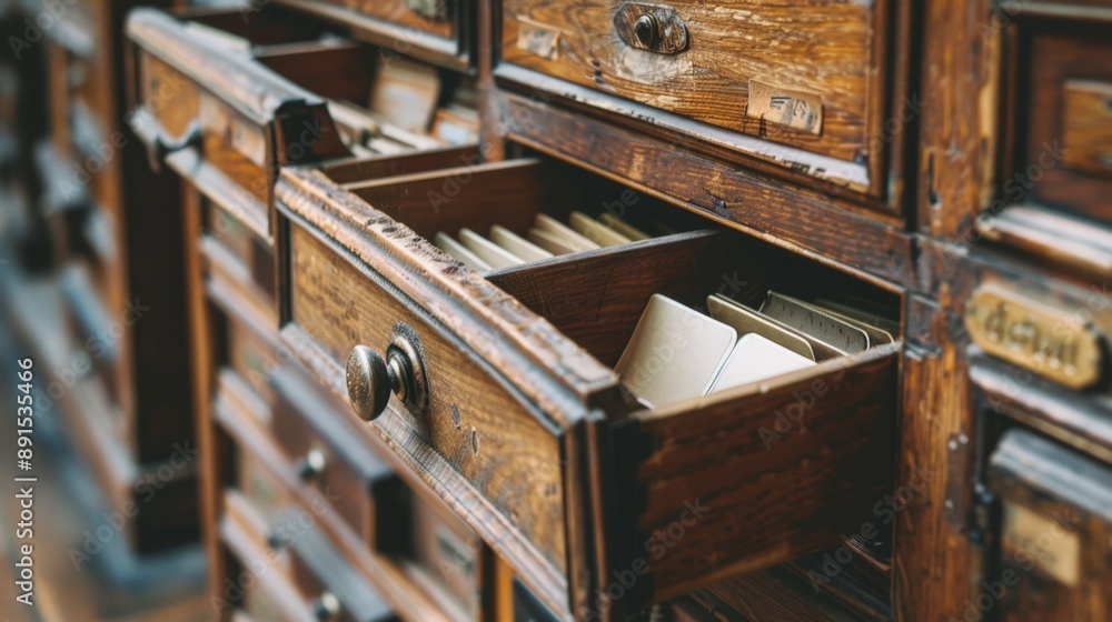 Close-up of a wooden card catalog in a vintage library, with index cards partially pulled out Close-up of a wooden card catalog in a vintage library, with index cards partially pulled out