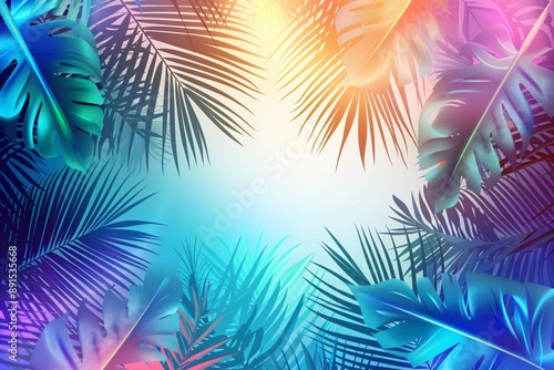 Wallpaper Mural Tropical and palm leaves in gradient holographic neon colors. Summer party, travel, holiday, vacation. Retro background with copy space for banner, poster, invitation Torontodigital.ca