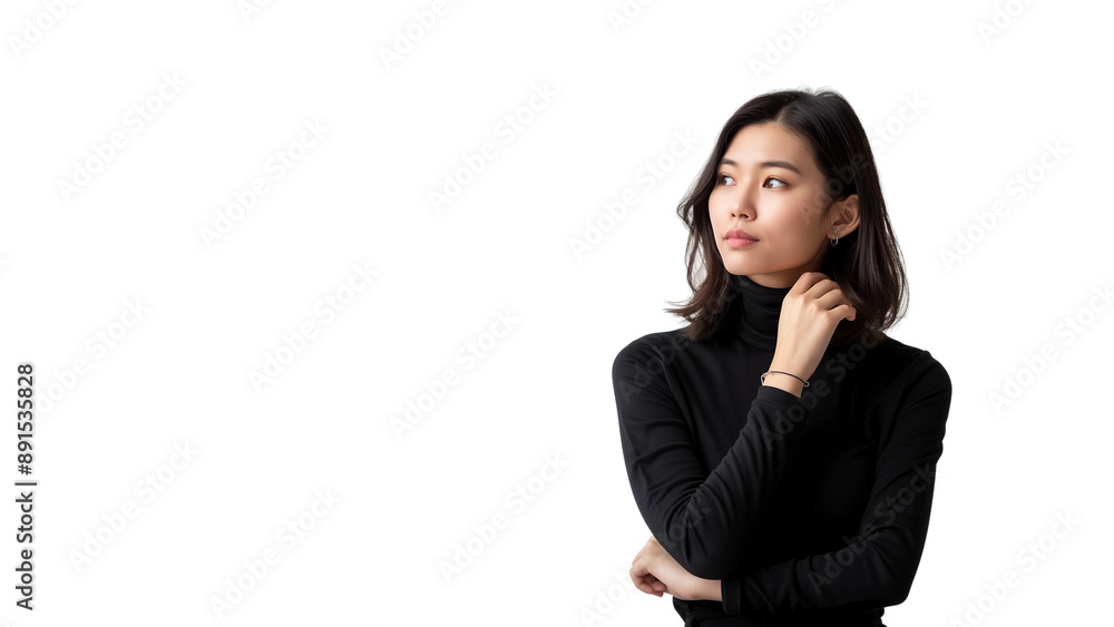 Woman thinking while looking up,doubtful and hesitant,isolated on white background,web banner. Woman thinking while looking up,doubtful and hesitant,isolated on white background,web banner.